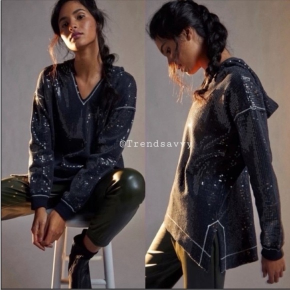 Anthropologie Tops - ANTHROPOLOGIE Sequined Hoodie Side Slit Sweater Tunic Pullover Top Black XS NWT